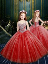 Popular Wine Red Lace Up Girls Pageant Dresses Beading and Sequins Sleeveless Floor Length