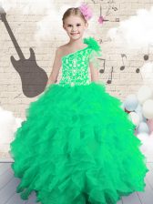  Ball Gowns Organza One Shoulder Sleeveless Embroidery and Ruffles Floor Length Lace Up Kids Formal Wear