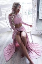 New Style Off the Shoulder Pink Long Sleeves Floor Length Lace Zipper Prom Evening Gown