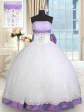  White And Purple Ball Gowns Taffeta and Tulle Strapless Sleeveless Beading and Lace and Bowknot Floor Length Lace Up Quinceanera Gown