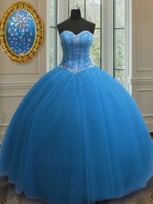 High Class Sequins Blue Sleeveless Tulle Lace Up Sweet 16 Dress for Military Ball and Sweet 16 and Quinceanera