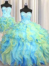 Captivating Three Piece Multi-color Lace Up Ball Gown Prom Dress Beading and Appliques and Ruffles Sleeveless Floor Length