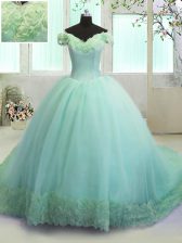 Affordable Turquoise Ball Gowns Off The Shoulder Sleeveless Organza With Train Court Train Lace Up Hand Made Flower Quince Ball Gowns
