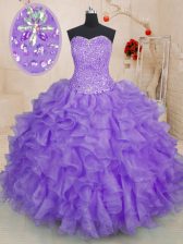  Sleeveless Organza Floor Length Lace Up Quinceanera Dress in Lavender with Beading and Ruffles