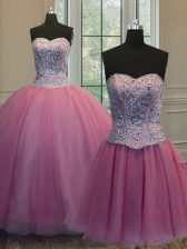 High Class Three Piece Floor Length Lace Up Sweet 16 Quinceanera Dress Rose Pink for Military Ball and Sweet 16 and Quinceanera with Beading