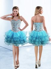 Dazzling Baby Blue A-line Organza Sweetheart Sleeveless Beading and Ruffled Layers Knee Length Lace Up Prom Gown