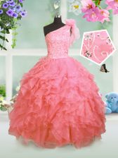Fancy Ball Gowns Child Pageant Dress Watermelon Red One Shoulder Organza Sleeveless Floor Length Lace Up