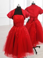 Best Red Lace Up Strapless Embroidery Prom Evening Gown Organza Short Sleeves