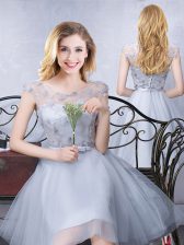 Customized Scoop Grey A-line Lace and Appliques and Belt Vestidos de Damas Lace Up Tulle Cap Sleeves Knee Length