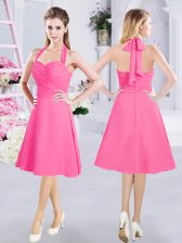 Customized Hot Pink Chiffon Zipper Halter Top Sleeveless Knee Length Court Dresses for Sweet 16 Ruching