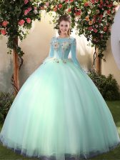 Fancy Apple Green Quince Ball Gowns Military Ball and Sweet 16 and Quinceanera with Appliques Scoop Long Sleeves Lace Up