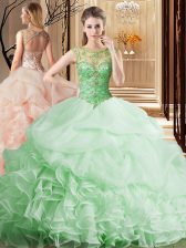  Apple Green Organza Lace Up Scoop Sleeveless Quinceanera Gown Brush Train Beading and Ruffles and Pick Ups