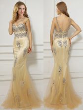 Suitable Gold Mermaid Tulle Scoop Cap Sleeves Beading With Train Backless Prom Party Dress Brush Train