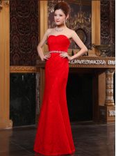 Exceptional Mermaid Lace Red Sleeveless Beading Floor Length Prom Dress