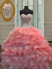 Attractive Watermelon Red Ball Gowns Sweetheart Sleeveless Organza Floor Length Lace Up Beading and Ruffles Sweet 16 Dress
