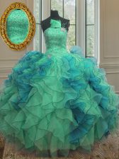 Edgy Multi-color Ball Gowns Beading and Ruffles Quinceanera Gowns Lace Up Organza Sleeveless Floor Length