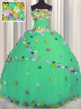 Floor Length Lace Up Quinceanera Dress Turquoise for Military Ball and Sweet 16 and Quinceanera with Hand Made Flower