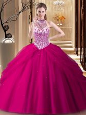  Halter Top With Train Lace Up Quince Ball Gowns Fuchsia for Military Ball and Sweet 16 and Quinceanera with Beading and Pick Ups Brush Train