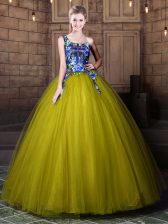Traditional One Shoulder Sleeveless Quinceanera Gown Floor Length Pattern Olive Green Tulle