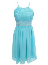 Simple Aqua Blue Prom and Party with Beading Halter Top Sleeveless Criss Cross