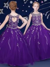 Perfect Floor Length Purple Little Girls Pageant Gowns Scoop Sleeveless Lace Up