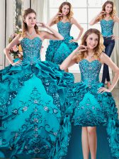  Four Piece Teal Lace Up Sweetheart Beading and Embroidery and Pick Ups Quince Ball Gowns Organza and Taffeta Sleeveless