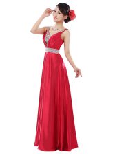 Admirable Coral Red Sleeveless Floor Length Beading Zipper Prom Evening Gown