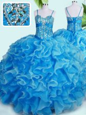 Lovely Baby Blue Quince Ball Gowns Military Ball and Sweet 16 and Quinceanera with Beading and Ruffles Spaghetti Straps Sleeveless Lace Up