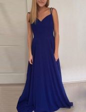Pretty Royal Blue Scoop Backless Ruching Prom Dresses Brush Train Sleeveless