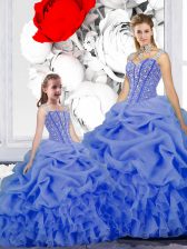 Cute Straps Pick Ups Blue Sleeveless Organza Lace Up Sweet 16 Dress for Military Ball and Sweet 16 and Quinceanera