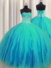  Big Puffy Sleeveless Floor Length Beading and Appliques Lace Up Quinceanera Gowns with Aqua Blue