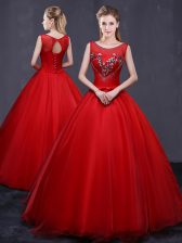 On Sale Tulle Scoop Sleeveless Lace Up Beading and Embroidery Quinceanera Gown in Red