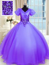  Lavender Short Sleeves Organza Lace Up Sweet 16 Dress for Military Ball and Sweet 16 and Quinceanera