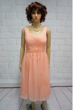 Excellent Peach Lace Up Prom Gown Ruching Sleeveless Knee Length