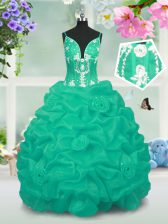  Beading and Pick Ups Little Girl Pageant Dress Turquoise Lace Up Sleeveless Floor Length