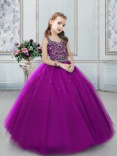  Tulle Straps Sleeveless Lace Up Beading Kids Formal Wear in Eggplant Purple