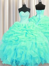 Stunning Turquoise Organza Lace Up Quinceanera Dress Sleeveless Floor Length Beading and Ruffles and Pick Ups