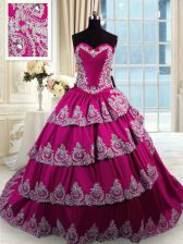 Enchanting Ruffled Court Train Ball Gowns 15th Birthday Dress Fuchsia Sweetheart Taffeta Sleeveless With Train Lace Up