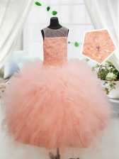  Scoop Sleeveless Zipper Floor Length Beading and Lace and Ruffles Little Girls Pageant Dress