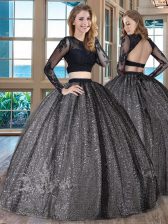  Scoop Long Sleeves Backless Quinceanera Gowns Black Tulle