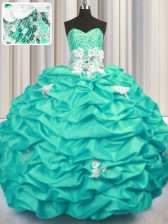  Sleeveless With Train Appliques and Sequins and Pick Ups Lace Up Quinceanera Dresses with Turquoise Brush Train