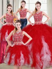 Great Four Piece Scoop Tulle Sleeveless Floor Length 15 Quinceanera Dress and Beading and Ruffles