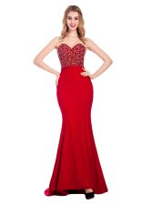 High End Mermaid Wine Red Prom Gown Prom and Party with Beading Sweetheart Sleeveless Sweep Train Zipper