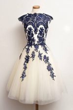 Fine Scalloped Cap Sleeves Zipper Prom Party Dress Blue And White Tulle