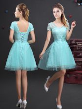  Aqua Blue V-neck Neckline Lace and Appliques and Belt Dama Dress for Quinceanera Short Sleeves Lace Up