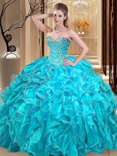 Dazzling Aqua Blue Quinceanera Gowns Military Ball and Sweet 16 and Quinceanera with Beading and Ruffles Sweetheart Sleeveless Lace Up