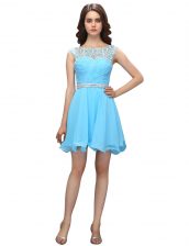  Baby Blue Zipper Dress for Prom Beading and Ruching Sleeveless Knee Length