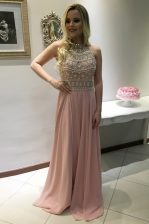 Charming Scoop Sleeveless With Train Beading Backless Prom Gown with Pink Sweep Train