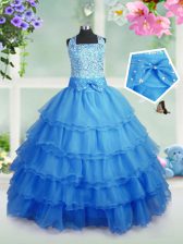  Baby Blue Sleeveless Beading and Ruffled Layers Floor Length Girls Pageant Dresses