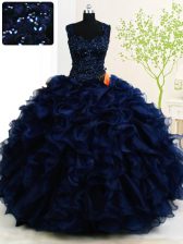  Navy Blue Straps Neckline Beading and Ruffles Ball Gown Prom Dress Sleeveless Zipper